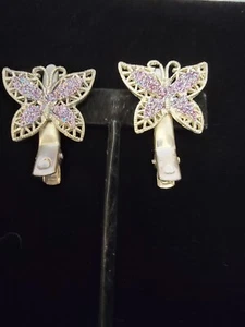 Pair Vintage butterfly hair clips Silver Tone Rhinestone PURPLE  - Picture 1 of 6