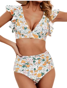 Soucrat Womens Size Large Ruffle High Waisted Push Up 2 Piece Bikini Swimsuit - Picture 1 of 12