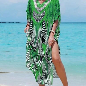 Ramadan Graphic Print V-neck Kaftan Dress, Elegant Batwing Sleeve Split Maxi Len - Bild 1 von 6