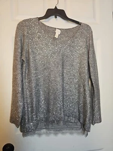 Chicos Gr. 3 grau silber Strickpullover Pailletten Oberteil Spitze Samantha Glanz Pulli  - Bild 1 von 8