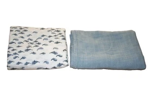 Pottery Barn Kids Jack Organic Muslin Baby Swaddle Blanket 47x47 2 pc Blue Whale - Picture 1 of 7