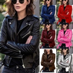 UK Women's Biker Jacket Slim Ladies Faux PU Leather Zip Formal Coat Plus Size - Picture 1 of 21