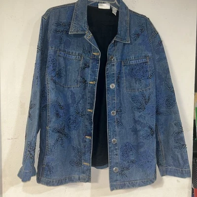 Chico's Designs Women's Denim Jacket Beaded Embroidered Button Up, 3(XL)** - Image 1 of 4