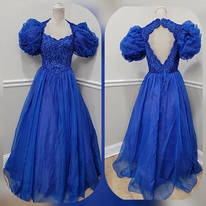 Abito vintage Mike Benet blu reale organza paillettes manica a sbuffo vestito da festa  - Foto 1 di 24