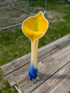 Jack In The Pulpit Art Glass - Calla Lily - Blue Yellow Vase - 16" - Picture 1 of 13