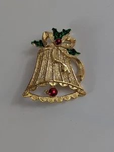 Vintage Gerry's goldfarbene Glocke Brosche Stechpalme Blatt Detail Weihnachten Urlaub Anstecknadel - Bild 1 von 3