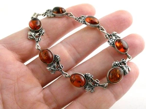 Vintage Sterling Silver Amber Cabochon Grape Vine Link Bracelet 925 7.25In 10.6g - Picture 1 of 23