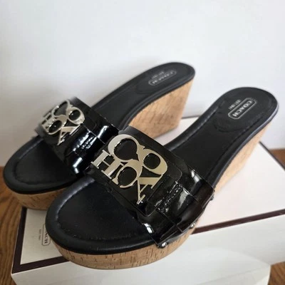 COACH Jen Cork Wedge Sandals Slip-On Shoes Womens 7.5B Black Patent A8379 - Image 1 of 4