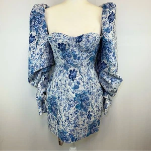 House of CB Lucrezia Puff Sleeve Jacquard Dress Medium Blue White Floral NEW - Picture 1 of 16