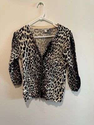 Boston Proper Sequin Leopard Print Button Up Cardigan XXS - Image 1 of 3