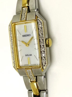 SEIKO LADIES V116-0AF0 18 DIAMOND NOT-WORKING SOLAR DRESS ANALOG WATCH SUP234 - Image 1 of 4