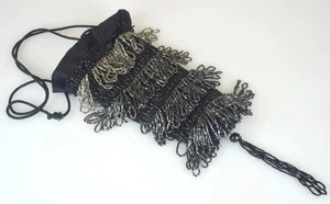 VINTAGE BLACK BEADED DRAWSTRING POUCH BAG PURSE FLAPPER - 8" WITHOUT TASSEL - Picture 1 of 6