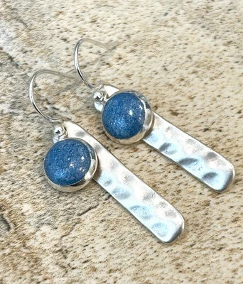 Denim Blue Dot Hammered Silver Earrings Sterling Silver Wires Sundance Treasures - Image 1 of 3
