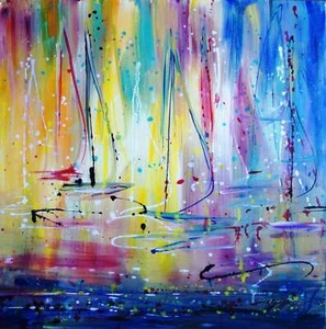 OZEAN SONNENUNTERGANG Hawaii Strand Abstrakt Boote Gemälde Bunt Regenbogen Farben Modern - Bild 1 von 6