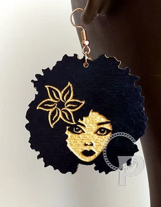 Lasergeschnittene Holz Ohrringe Afro Mädchen Silhouette Afrika in Schwarz und Gold groß - Bild 1 von 1