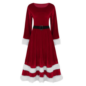 Women's Mrs. Santa Claus Costume Plus Size Velvet Long Sleeve Dress with Belts
