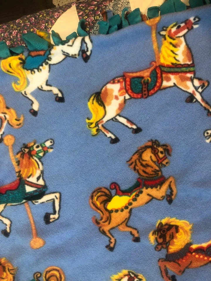 Carousel Horses Hand tied fleece throw blanket Blue With Turquoise - Image 1 of 4