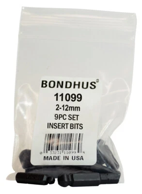 2mm-12mm 9pc Set Hex BallDriver® Insert Bits 1/4" Hex Drive Bondhus USA #11099