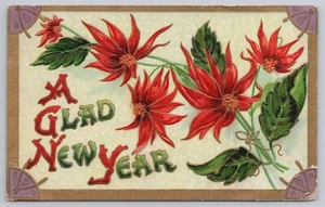 Feliz Año Nuevo Postal Flores Rojas Wish-bone en las esquinas 1910 - Imagen 1 de 2