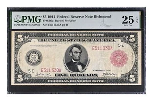 Series Of 1914 $5 Federal Reserve Note Richmond Virginia Fr#836a PMG VF25 EPQ - Picture 1 of 2