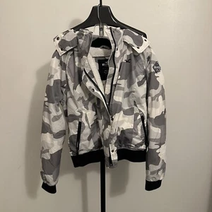 Hollister ALL-WEATHER Women Bomber Jacket Casual Grey Stretch Camouflage Size M - Picture 1 of 3