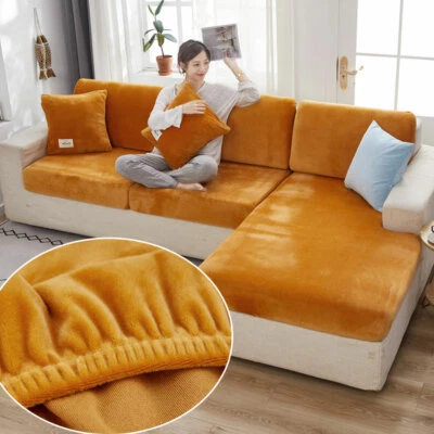 Velvet Sofa Seat Cushion Cover Thick Solid Soft Stretch Sofa Plush Slipcovers - Image 1 of 4