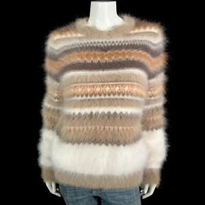 80 % Angora flauschiger braun beige geometrischer Streifen Pullover Pulli 40 Zoll Brustumfang - Bild 1 von 10