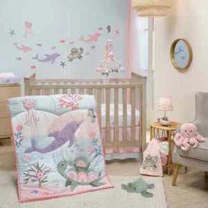 L&I -   Sea Dreams 3-Piece Dolphin/Turtle Nautical Baby Girl Crib Bedding Set - Picture 1 of 10