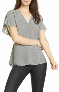 LEWIT Womens Gingham V Neck Top Flutter Sleeve Size L NWT Black White - Picture 1 of 4