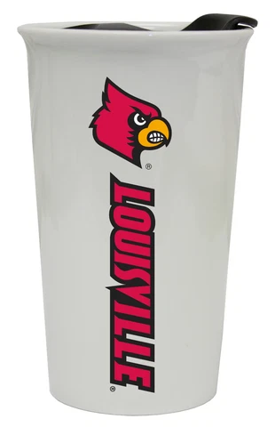 LOUISVILLE CARDINALS 12OZ CERAMIC TUMBLER-LOUISVILLE TRAVEL MUG w/ LID Cover