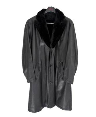 Abrigo de cuero negro Brioni para hombre, cuello de visón y forro de piel completo, talla EU 50M/US 40M Foto 1 de 4