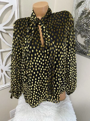 EXPRESS Grande NEGRO AMARILLO TERCIOPELO ESTAMPADO PUNTOS SEMI TRANSPARENTE CORBATA CUELLO MANGA LARGA TOP Foto 1 de 4