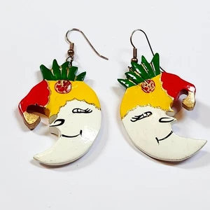 Bunte geschnitzte bemalte Ohrringe Mond Narrengesicht - Bild 1 von 4