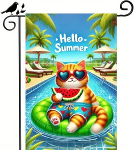 Hello Summer Katze Garten Flagge 12x18 doppelseitig klein Strand Pool Hof...  - Bild 1 von 7