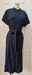 Banana Republic Lace Belted Navy Blue Shirtdress Front Buttons Size: 14 NWT - Picture 1 of 16