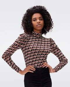DIANE VON FURSTENBERG Remy Geometric Printed Stretch Mesh Turtleneck Top New XS - Picture 1 of 20