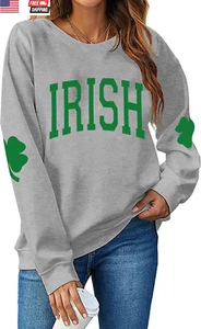 Women St. Patrick'S Day Sweatshirts Shamrock Shirt Clover Printed Long Sleeve Ir - Picture 1 of 6