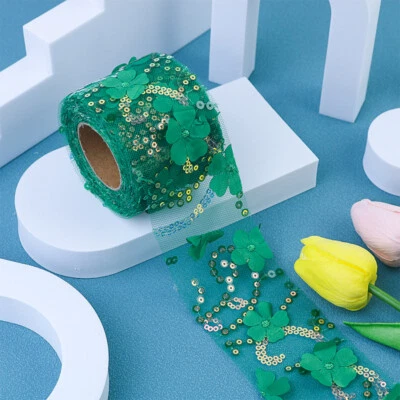 9M 3D Sequins Flower Embroidery Mesh Fabric Ribbon DIY Bow Hair Clip Accessories - Image 1 of 4