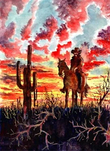 Cowboy e cactus al tramonto, arte occidentale, arte cowboy, bellissimo tramonto, cowboy - Foto 1 di 1
