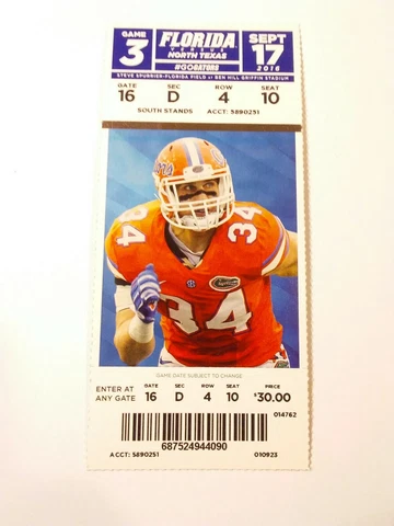 2016 Florida Gators North Texas Football Ticket Stub Cover