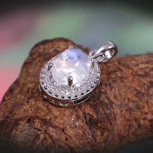 Ciondolo girocollo vintage pietra di luna arcobaleno boho argento sterling massiccio 925 - Foto 1 di 3