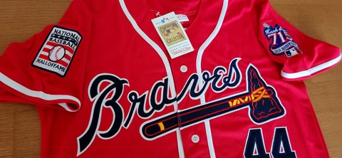 Brand New! Atlanta Braves #44 Hank Aaron Cooperstown 2patch sewn Jersey Red Mens Cover