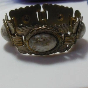 Vintage Messing Faux Glitzer Cabochon Stein Panel Gliederarmband  - Bild 1 von 4