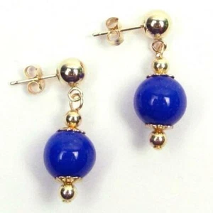 8MM LAPIS BEAD 14K YELLOW GOLD 5MM BALL POST EARRINGS - Picture 1 of 1