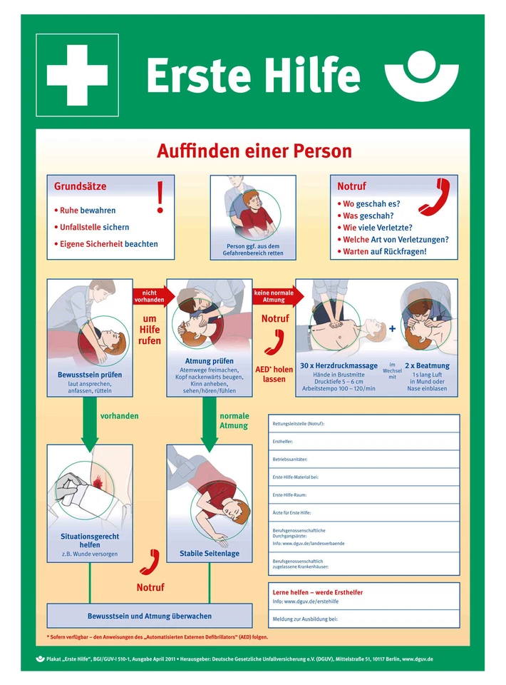 WM-TEAMSPORT Aushang "Erste Hilfe" BGI/GUV neue Fassung (Format: 29cm x 41cm)