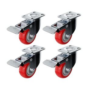 Paquete de 4 ruedas giratorias de 3" placa giratoria bloqueo total freno rojo poliuretano PU - Imagen 1 de 9