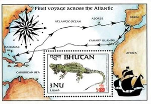 👉 BHUTAN 1987 COLUMBUS S/S #1 MNH SCHIFFE, KARTEN, REPTILIEN - Bild 1 von 1