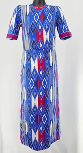 ViNTAGE 70s SOUTHWESTERN RED WHiTE BLUE GEOMETRiC TRiBAL MAXi DRESS GOWN M - Picture 1 of 8