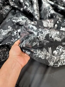 Brocade Black Organza Metallic Silver Floral Flower Prom Fabric Sold by The Yard - Picture 1 of 12