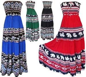 Ethnic Cotton Blend Long Elephant Summer Smocked Strapless Tube Dress - Picture 1 of 5